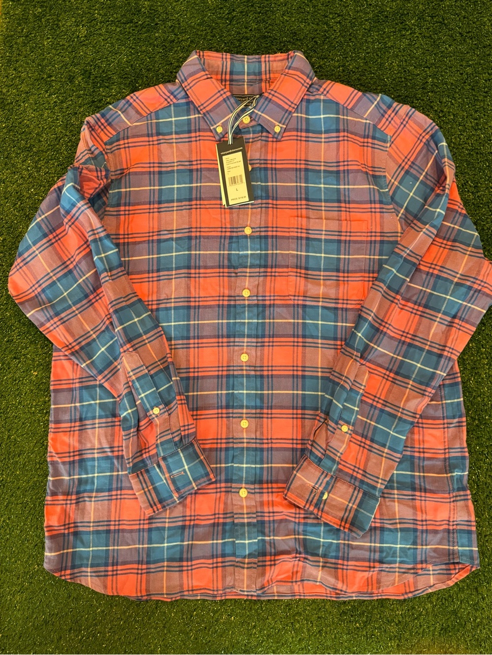 Vineyard Vines salmon and Blue Plaid Button-Down Shirt